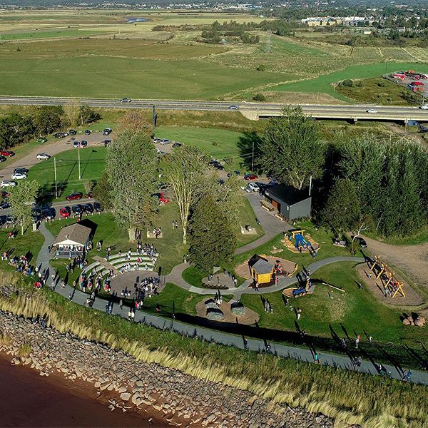 An aerial shot of the the new playground and musical play area at the Fundy Discovery Site