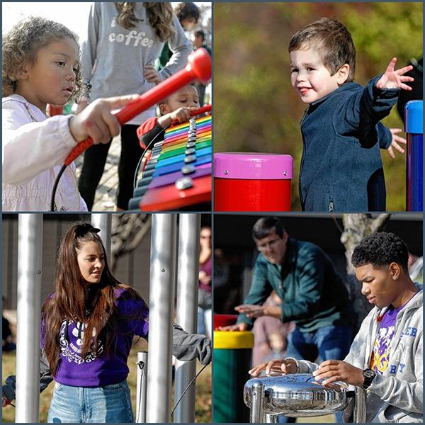 Local children playing on the outdoor musical instruments at new music garden at the Pickerington Library Music Garden 