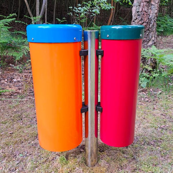 a pair of outdoor conga drums in red, orange with blue and green caps