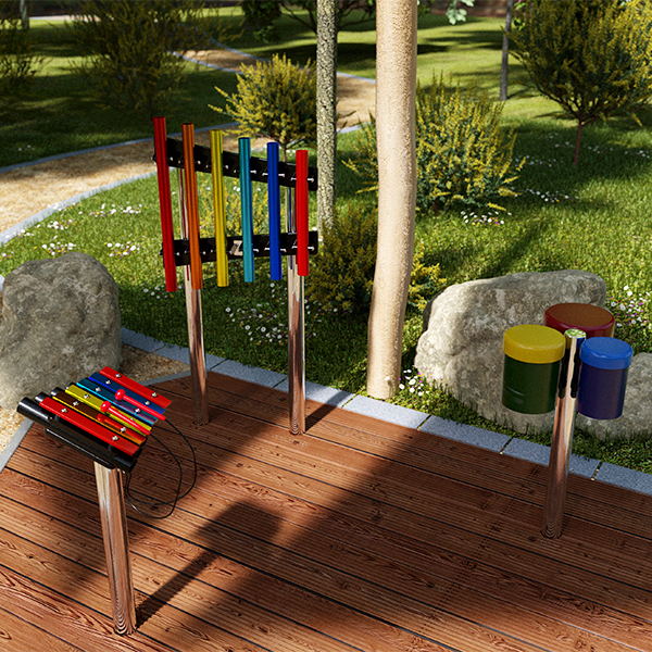 Colorful small outdoor musical instruments, including a xylophone and drums, set in a green park with trees and flowers.