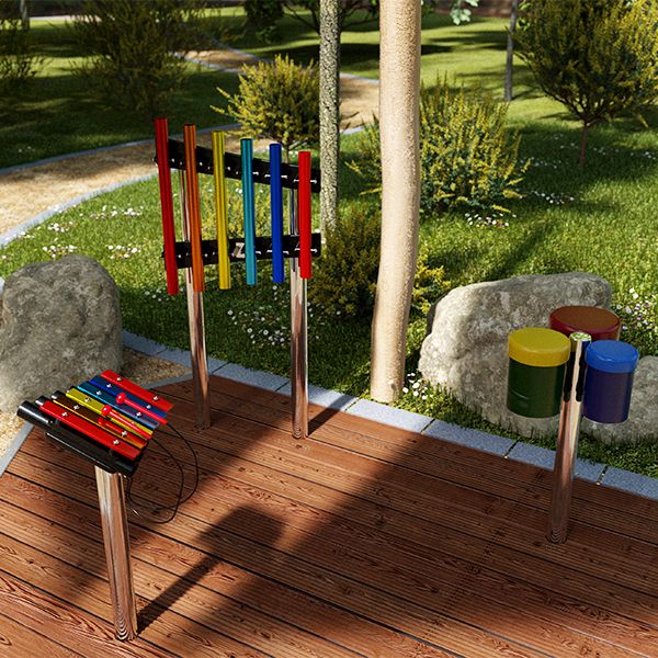 Colorful small outdoor musical instruments, including a xylophone and drums, set in a green park with trees and flowers.