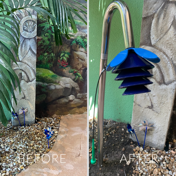 image of before and after a blue outdoor musical flower was installed in the music garden at Palm Beach Children's hospital