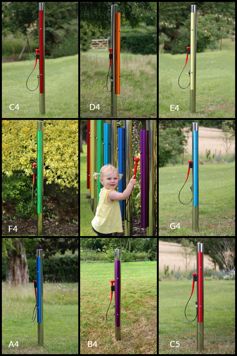 a collage of 9 images of the individual rainbow colored outdoor musical Calypso Chimes from Percussion Play