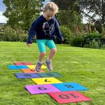 a young girl jumping on an outdoor colourful musical hopscotch installed in grass