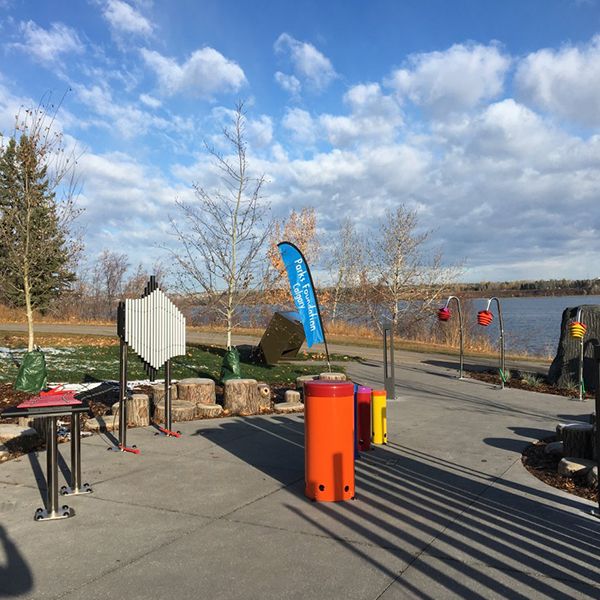 opening of the Quinterra Legacy Musical Garden in Calgary with musical chimes outdoor drums and outdoor xylophones