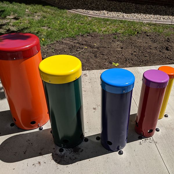 colorful outdoor drums in the north mankato taylor library music garden