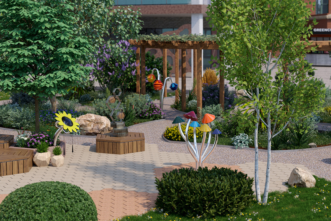 A vibrant garden featuring diverse plants, colorful musical sculptures, and seating areas, with a modern building in the background.